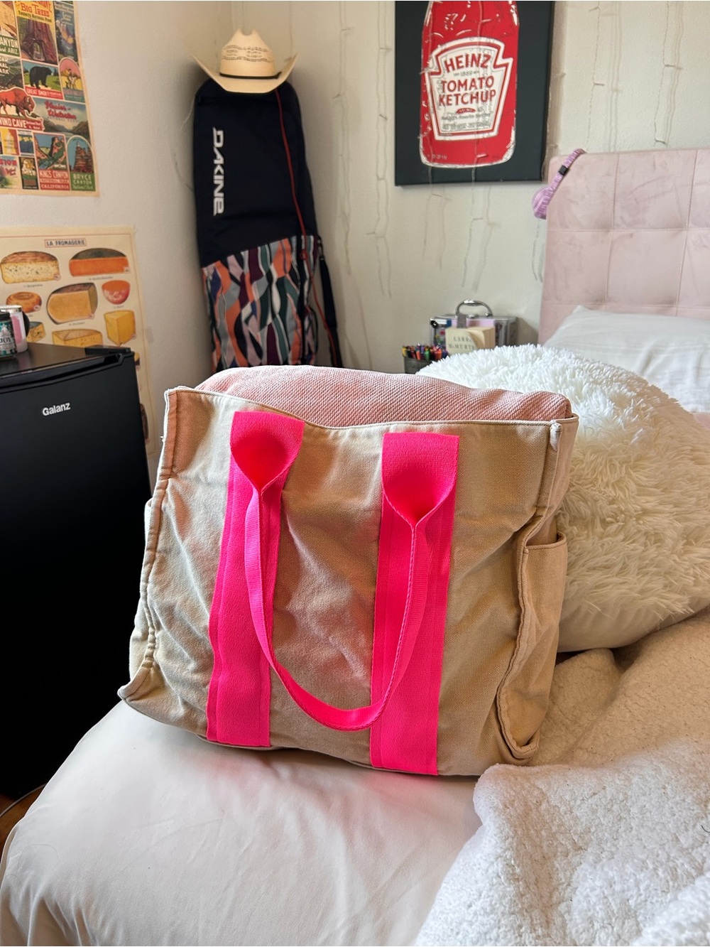Canvas Tote Bag with Hot Pink Straps - Women Bags